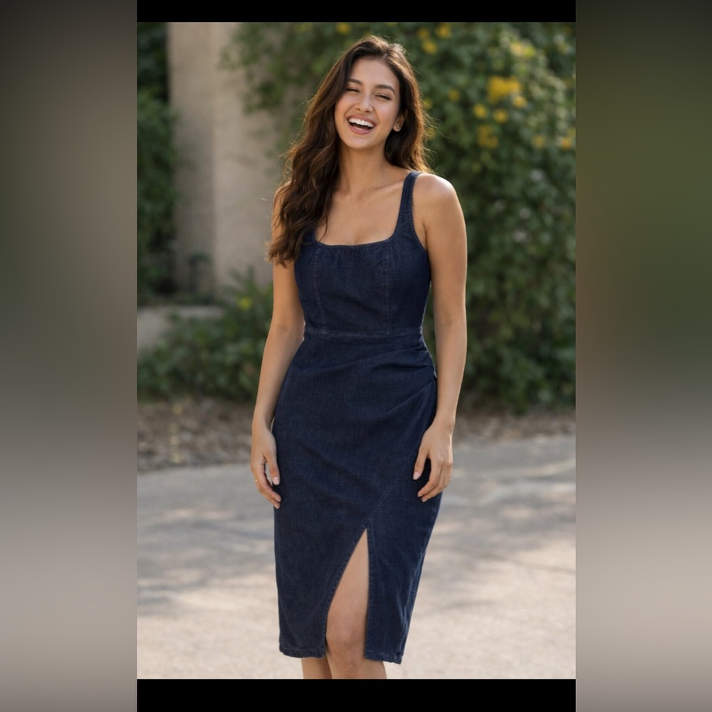 Steve Madden Blue Denim Sundress with Slit & Light Stretch – Size 14